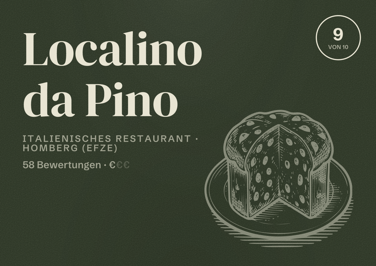 Illustriertes Poster von Localino da Pino, Italienisches Restaurant in Homberg (Efze): Bewertung 9 von 10 aus 58 Bewertungen, Preisniveau €