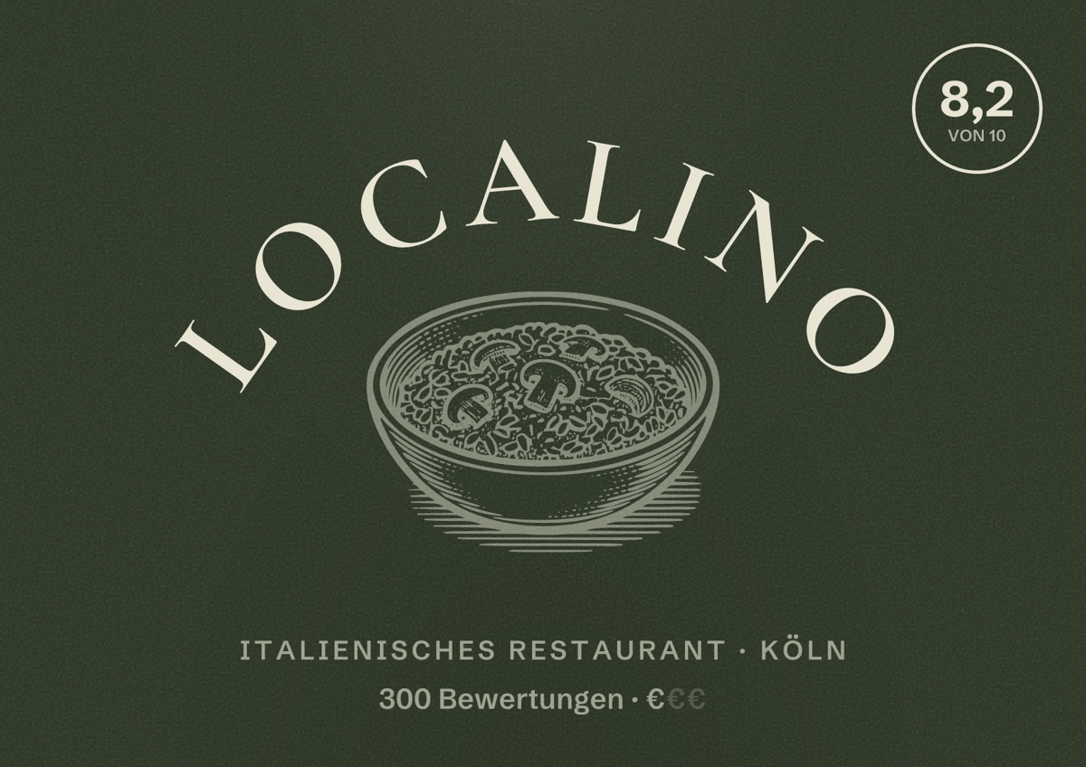 Illustriertes Poster von Localino, Italienisches Restaurant in Köln: Bewertung 8,2 von 10 aus 300 Bewertungen, Preisniveau €