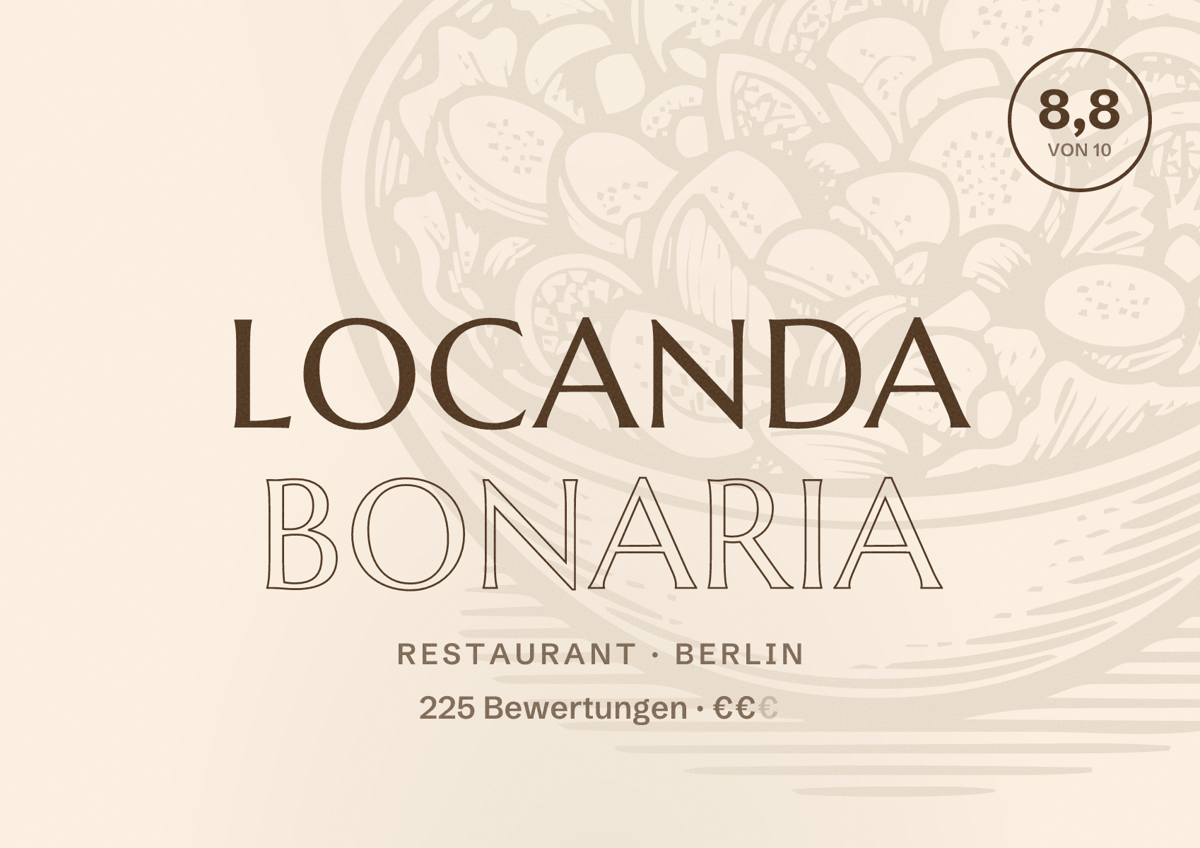Illustriertes Poster von Locanda Bonaria, Restaurant in Berlin: Bewertung 8,8 von 10 aus 225 Bewertungen, Preisniveau €€