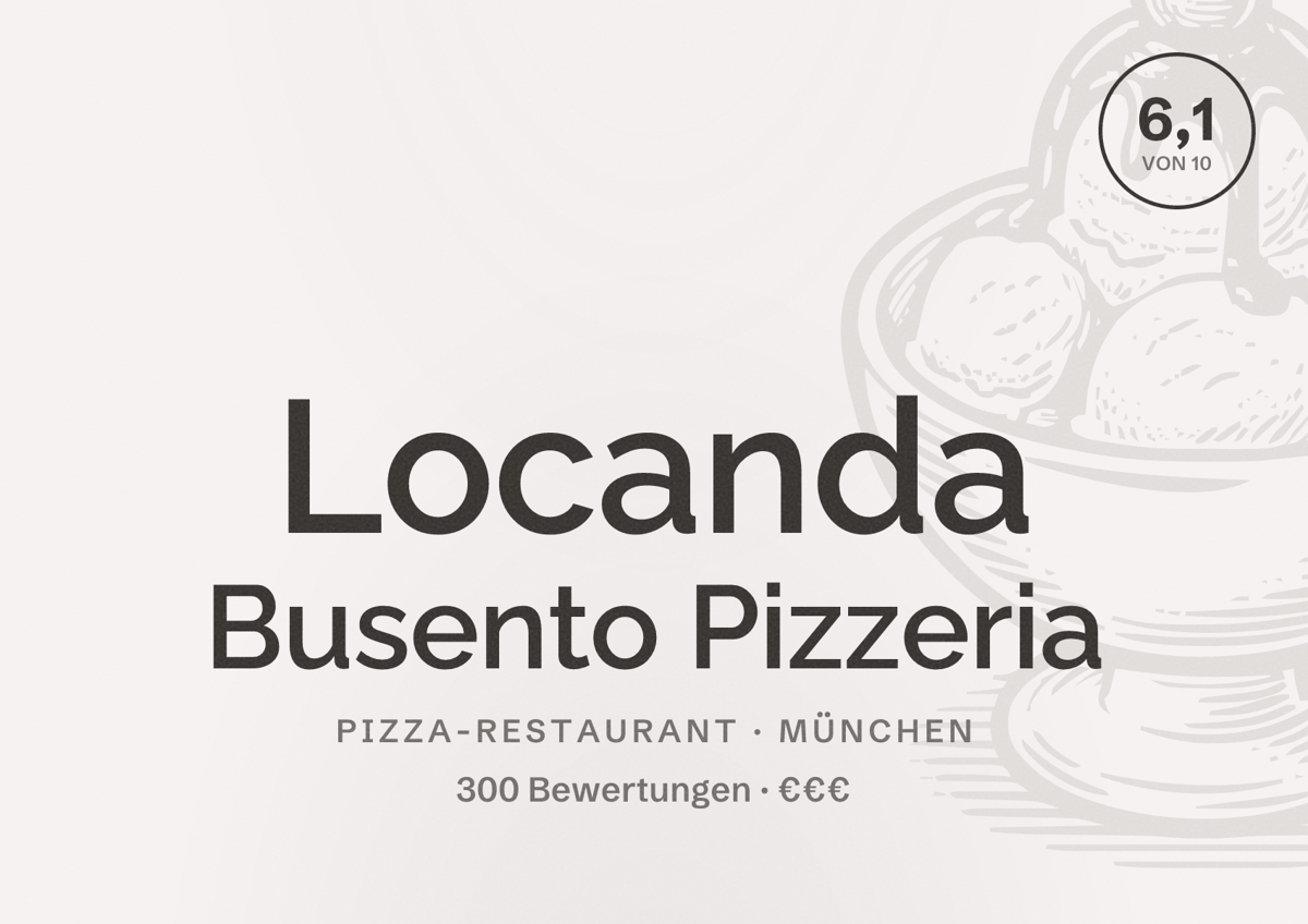 Illustriertes Poster von Locanda Busento Pizzeria, Pizza-Restaurant in München: Bewertung 6,1 von 10 aus 300 Bewertungen, Preisniveau €€€