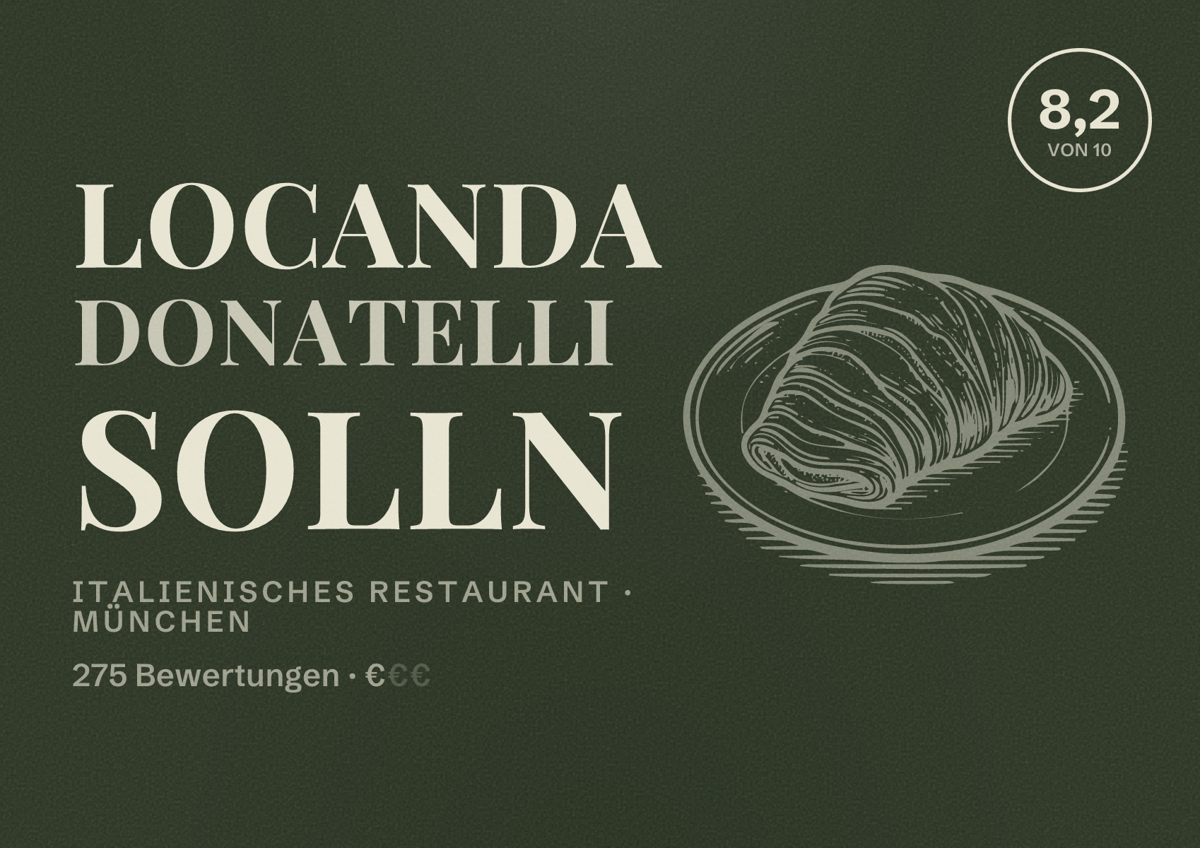Illustriertes Poster von Locanda Donatelli Solln, Italienisches Restaurant in München: Bewertung 8,2 von 10 aus 275 Bewertungen, Preisniveau €