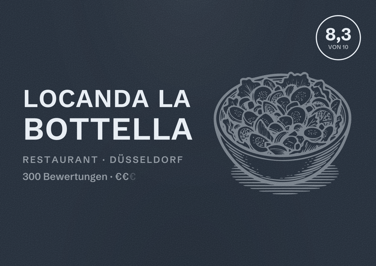 Illustriertes Poster von Locanda La Bottella, Restaurant in Düsseldorf: Bewertung 8,3 von 10 aus 300 Bewertungen, Preisniveau €€