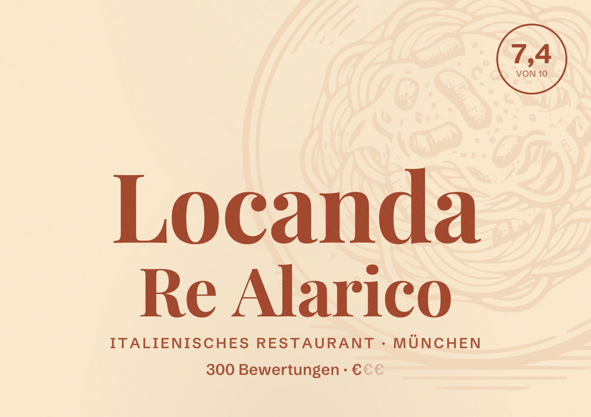 Illustriertes Poster von Locanda Re Alarico, Italienisches Restaurant in München: Bewertung 7,4 von 10 aus 300 Bewertungen, Preisniveau €