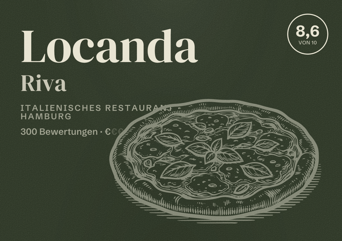 Illustriertes Poster von Locanda Riva, Italienisches Restaurant in Hamburg: Bewertung 8,6 von 10 aus 300 Bewertungen, Preisniveau €