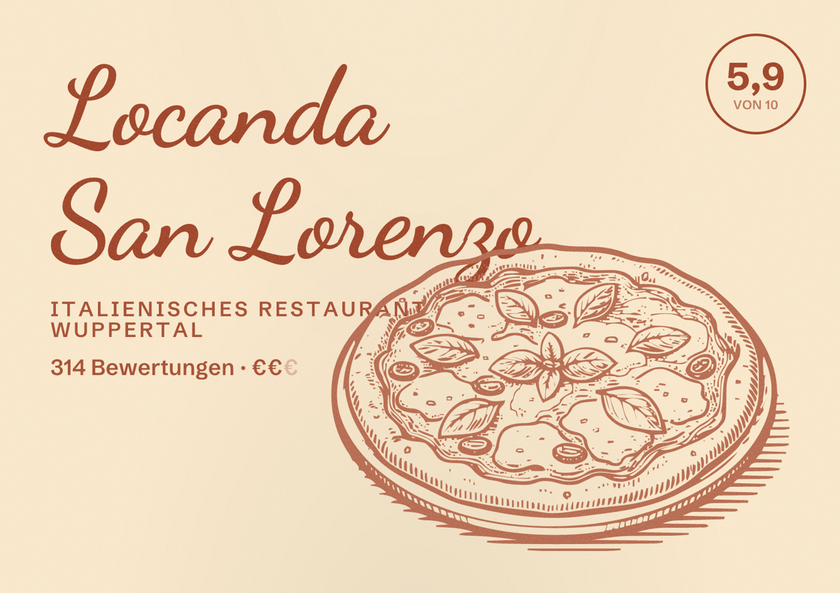 Illustriertes Poster von Locanda San Lorenzo, Italienisches Restaurant in Wuppertal: Bewertung 5,9 von 10 aus 314 Bewertungen, Preisniveau €€