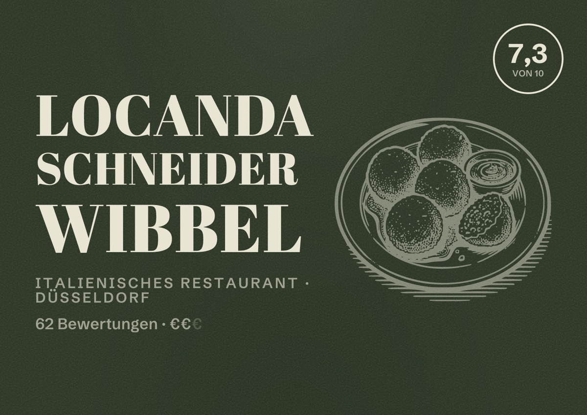 Illustriertes Poster von Locanda Schneider Wibbel, Italienisches Restaurant in Düsseldorf: Bewertung 7,3 von 10 aus 62 Bewertungen, Preisniveau €€
