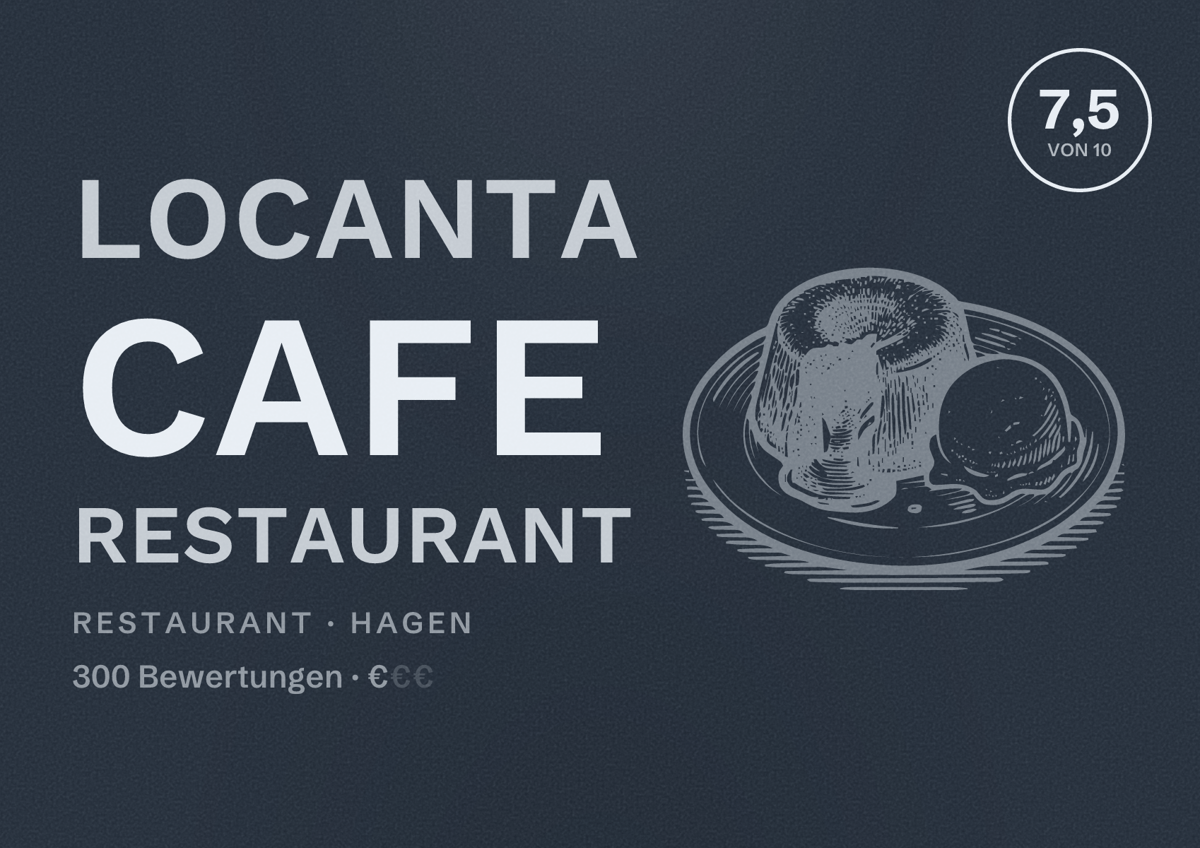 Illustriertes Poster von Locanta Cafe Restaurant, Restaurant in Hagen: Bewertung 7,5 von 10 aus 300 Bewertungen, Preisniveau €