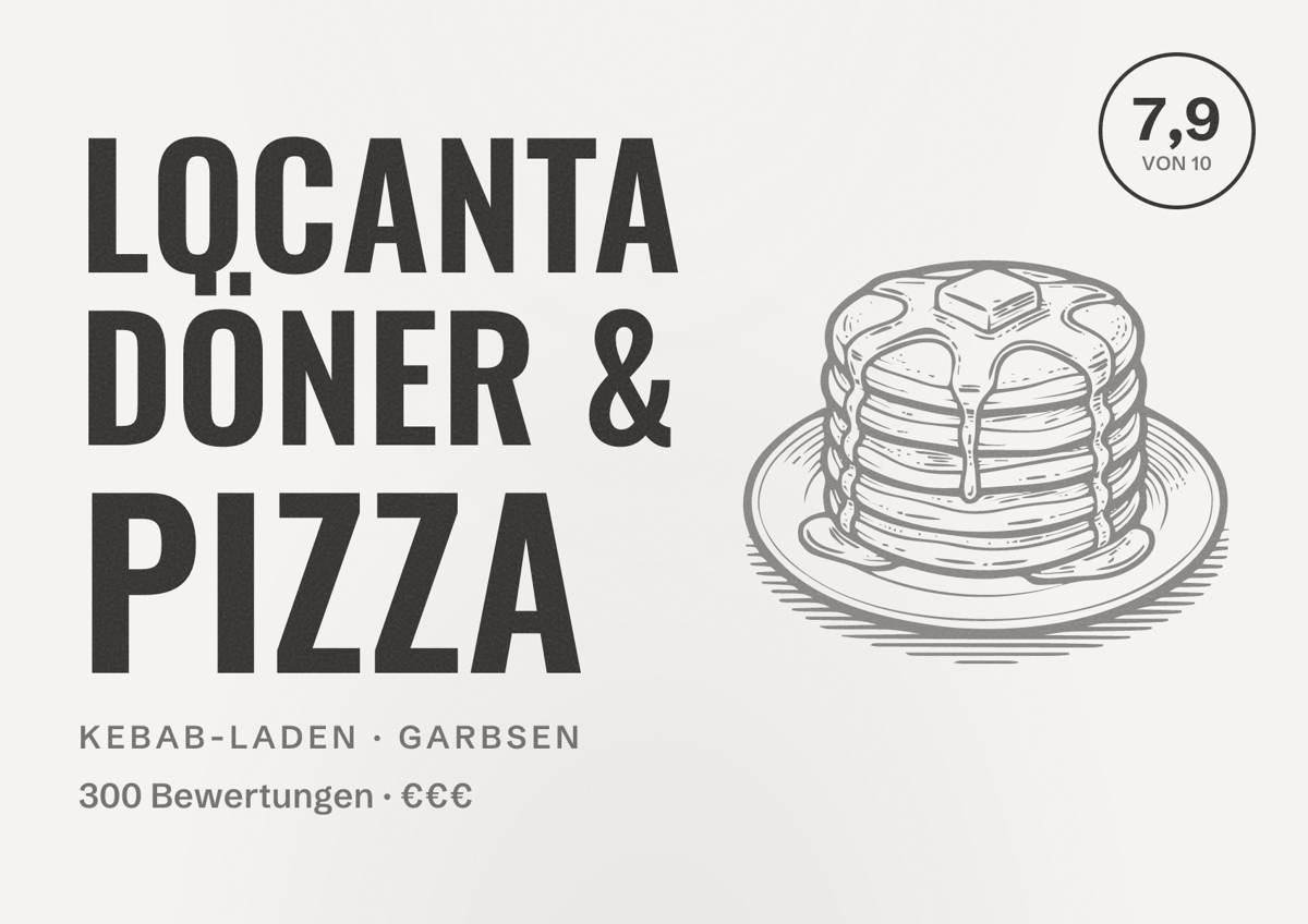Illustriertes Poster von Locanta Döner & Pizza, Kebab-Laden in Garbsen: Bewertung 7,9 von 10 aus 300 Bewertungen, Preisniveau €€€