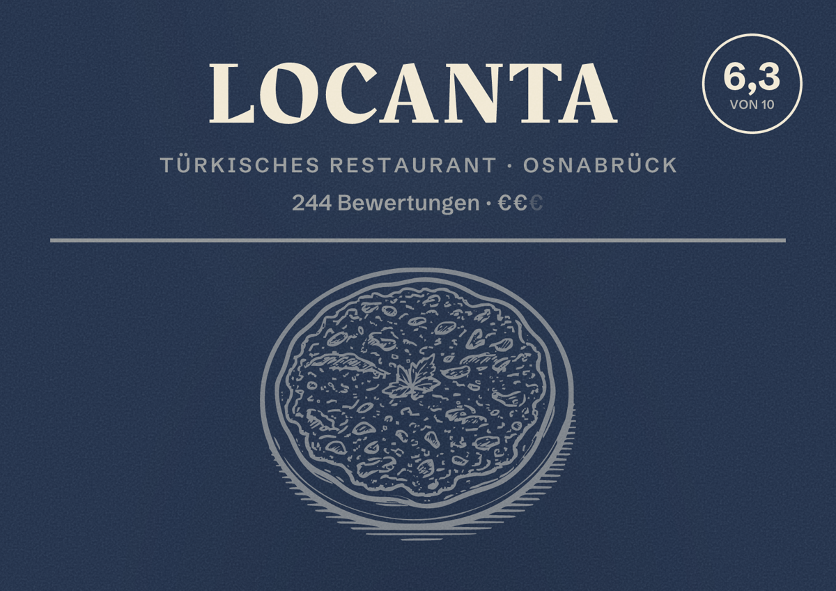 Illustriertes Poster von Locanta, Türkisches Restaurant in Osnabrück: Bewertung 6,3 von 10 aus 244 Bewertungen, Preisniveau €€