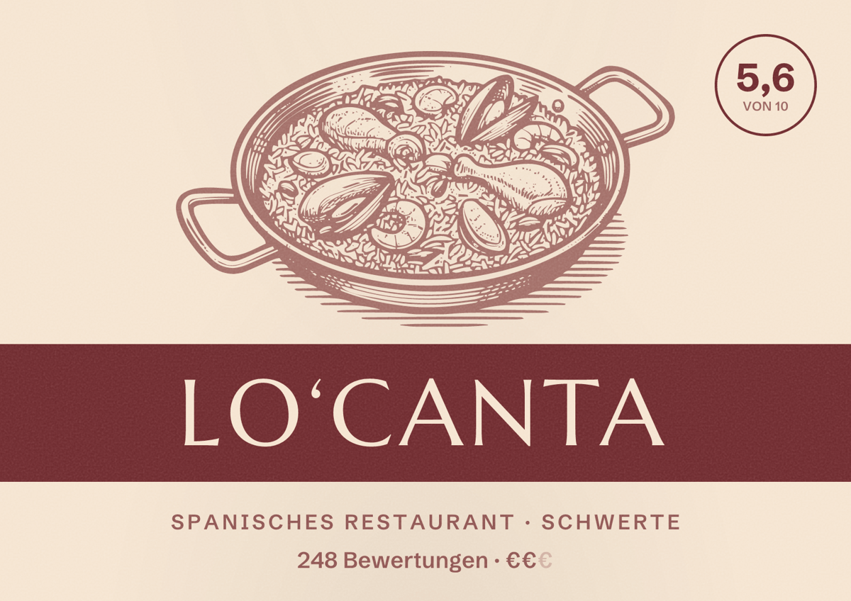 Illustriertes Poster von Lo‘canta, Spanisches Restaurant in Schwerte: Bewertung 5,6 von 10 aus 248 Bewertungen, Preisniveau €€