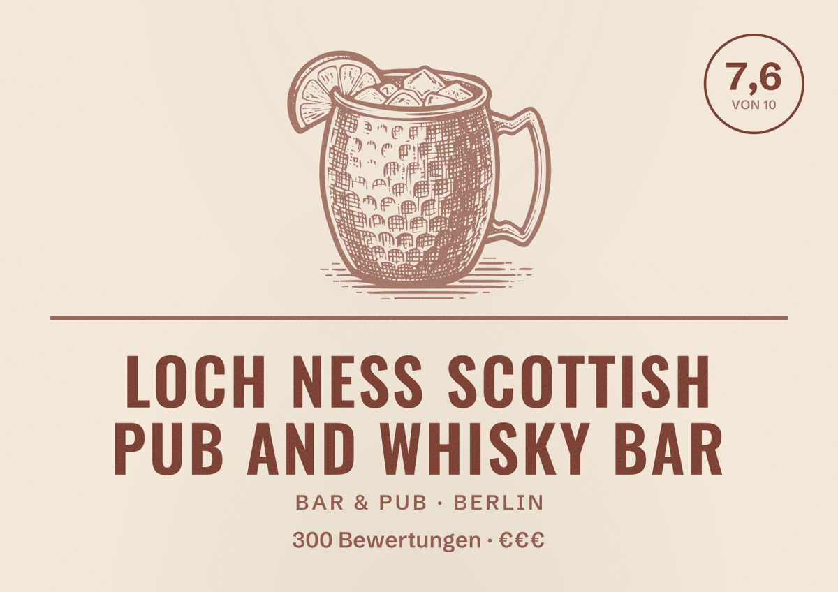 Illustriertes Poster von Loch Ness Scottish Pub and Whisky Bar, Bar & Pub in Berlin: Bewertung 7,6 von 10 aus 300 Bewertungen, Preisniveau €€€