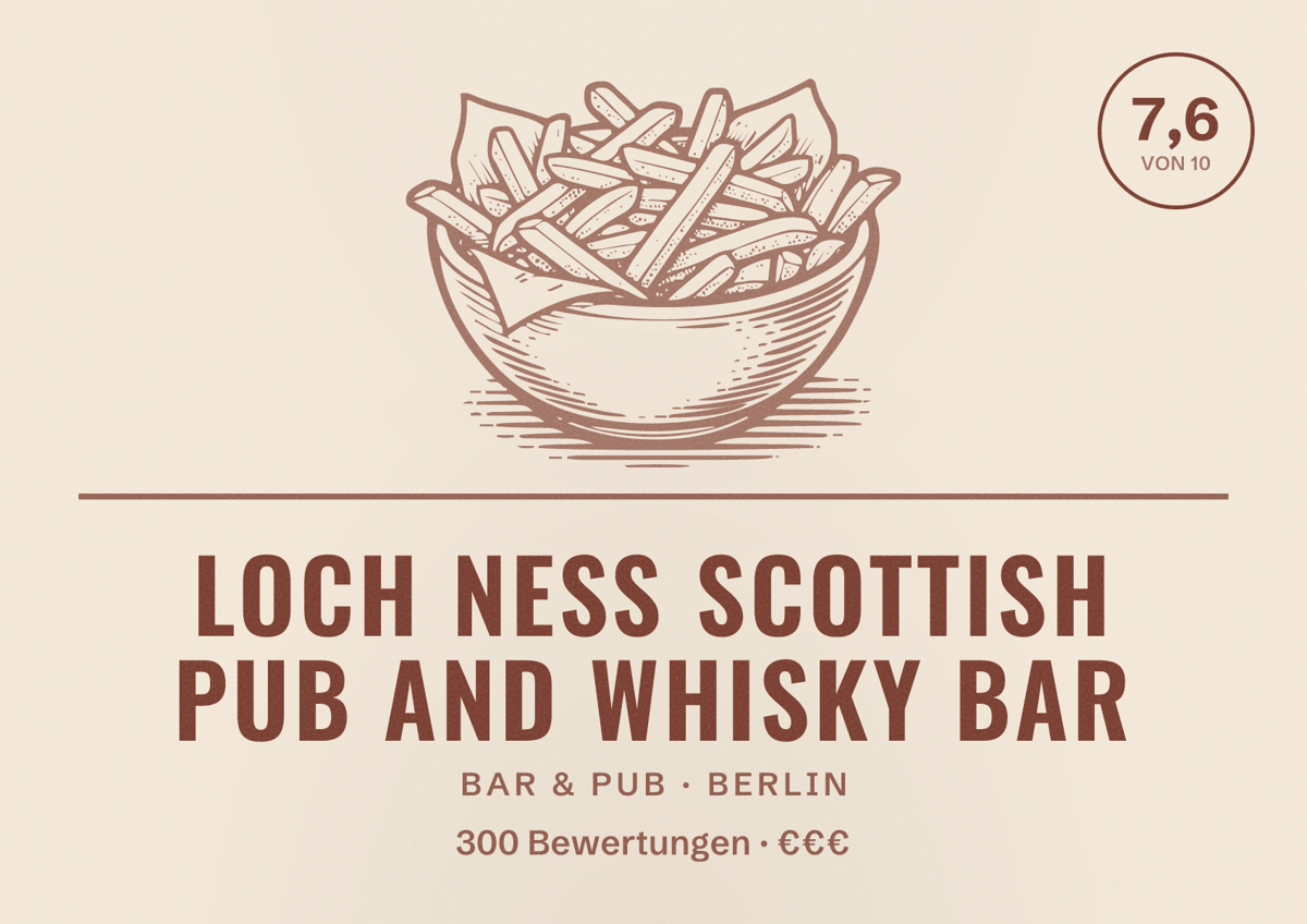 Illustriertes Poster von Loch Ness Scottish Pub and Whisky Bar, Bar & Pub in Berlin: Bewertung 7,6 von 10 aus 300 Bewertungen, Preisniveau €€€