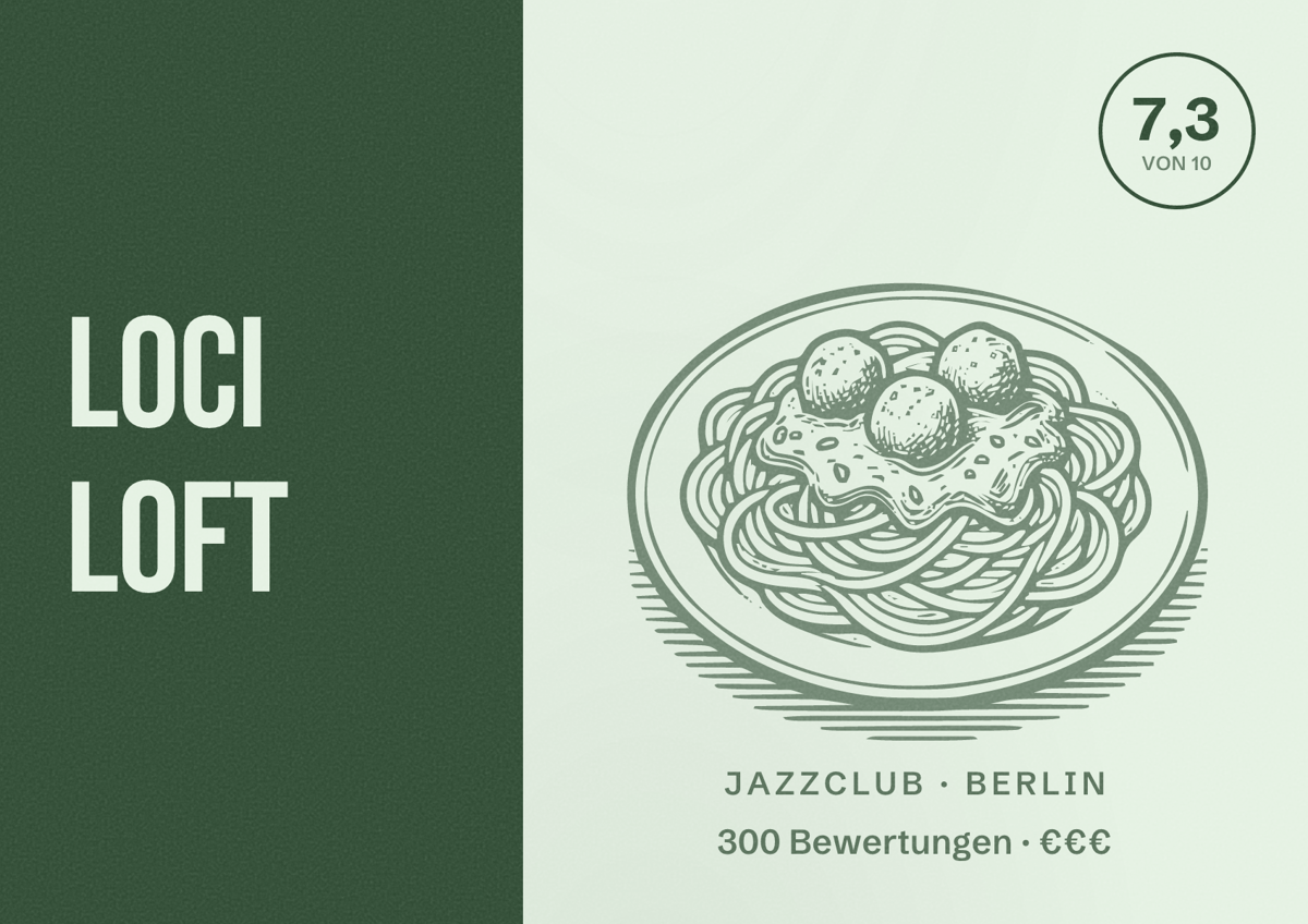 Illustriertes Poster von Loci Loft, Jazzclub in Berlin: Bewertung 7,3 von 10 aus 300 Bewertungen, Preisniveau €€€