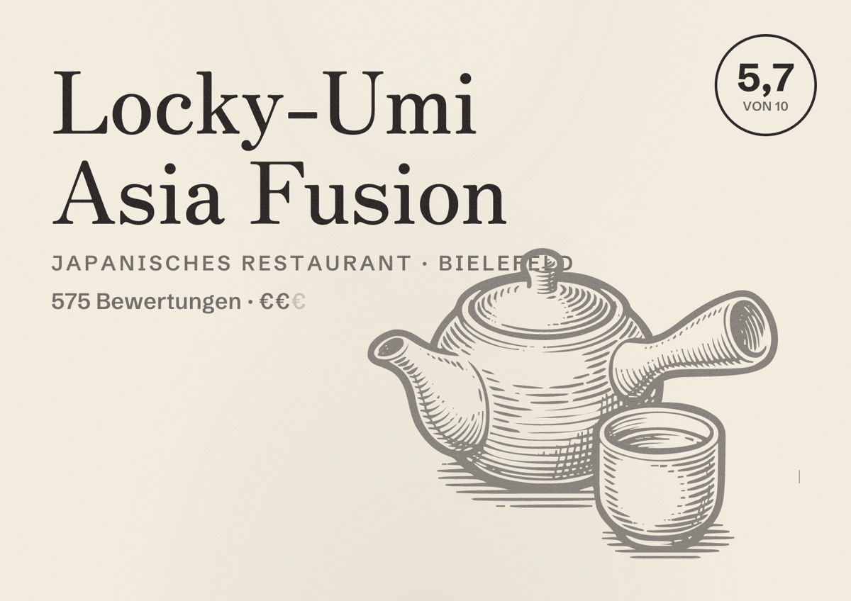 Illustriertes Poster von Locky-Umi Asia Fusion, Japanisches Restaurant in Bielefeld: Bewertung 5,7 von 10 aus 575 Bewertungen, Preisniveau €€