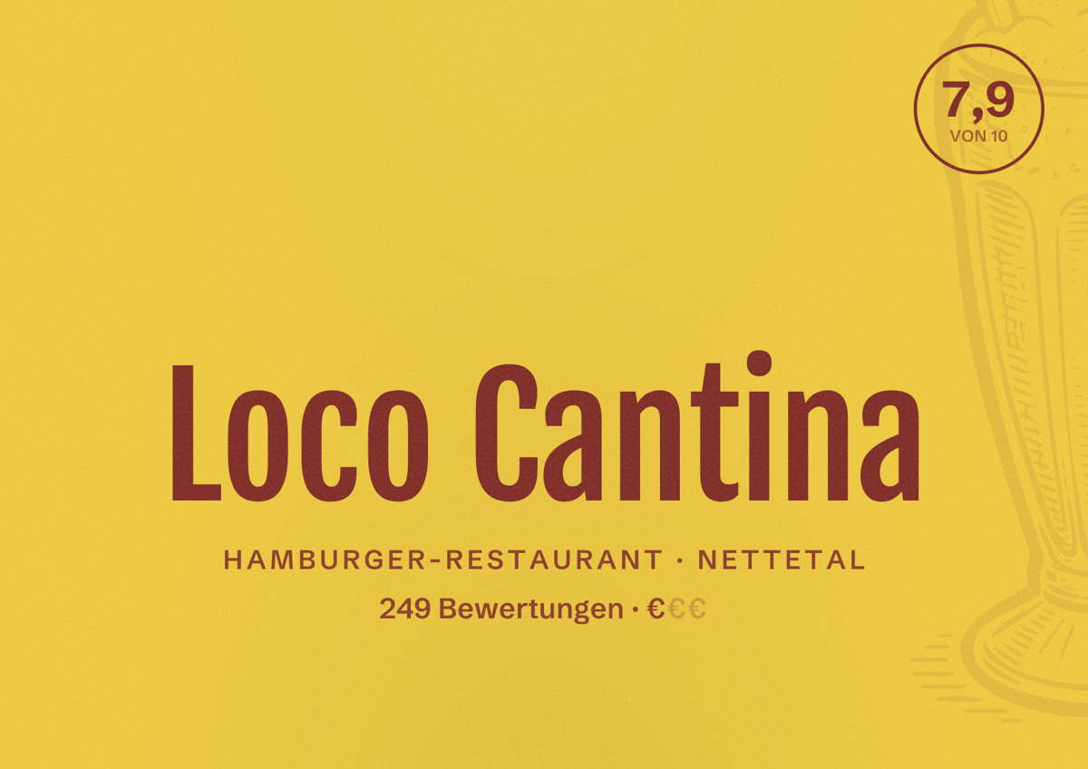 Illustriertes Poster von Loco Cantina, Hamburger-Restaurant in Nettetal: Bewertung 7,9 von 10 aus 249 Bewertungen, Preisniveau €
