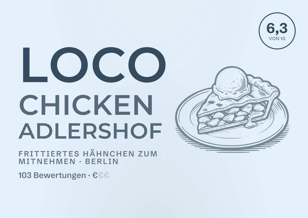 Illustriertes Poster von Loco Chicken Adlershof, Frittiertes Hähnchen zum Mitnehmen in Berlin: Bewertung 6,3 von 10 aus 103 Bewertungen, Preisniveau €