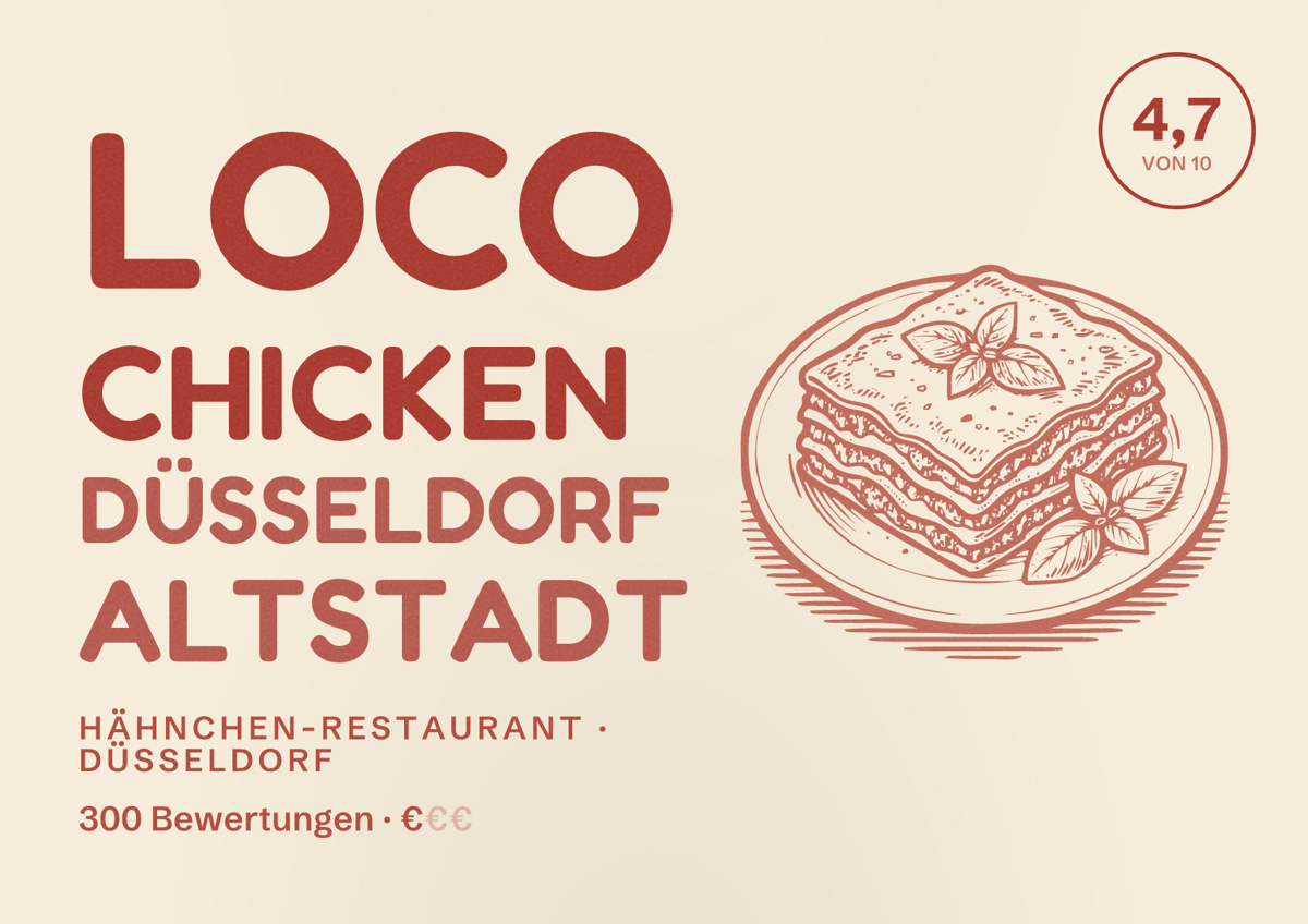 Illustriertes Poster von Loco Chicken Düsseldorf Altstadt, Hähnchen-Restaurant in Düsseldorf: Bewertung 4,7 von 10 aus 300 Bewertungen, Preisniveau €