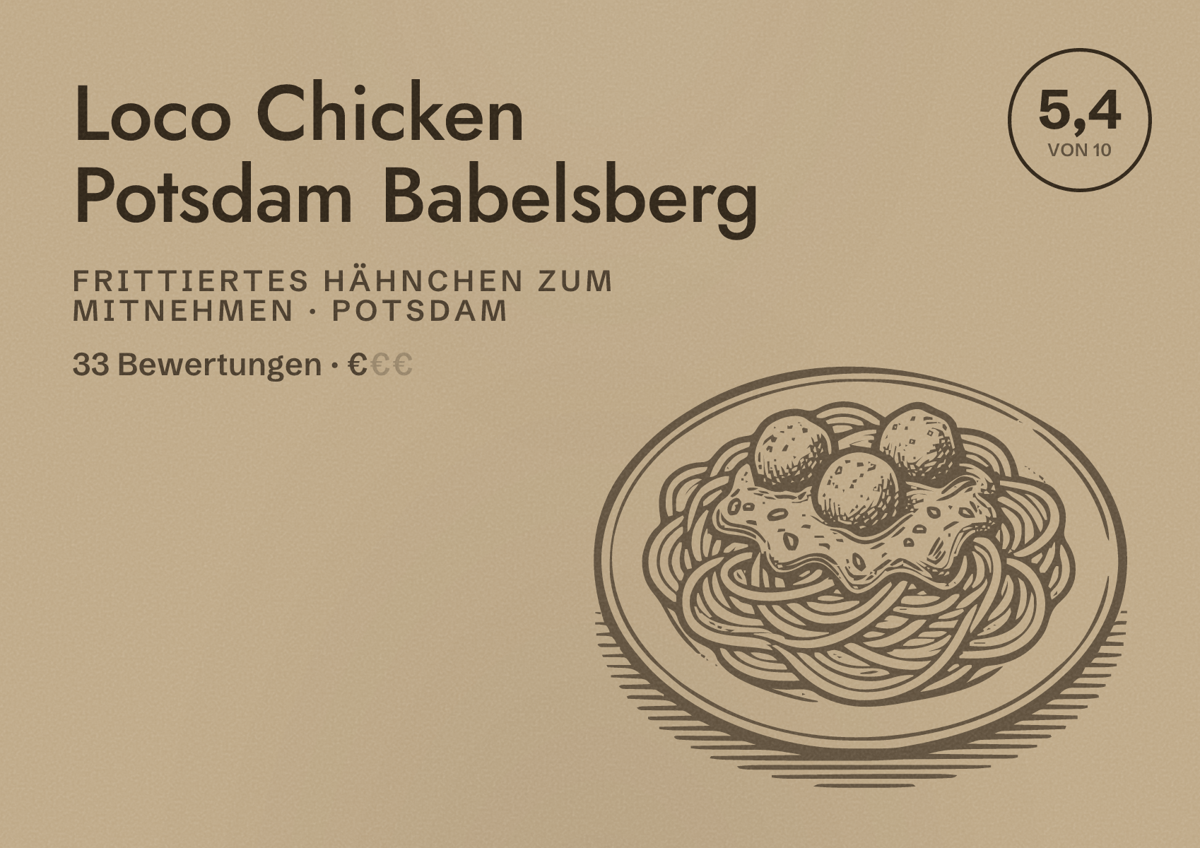 Illustriertes Poster von Loco Chicken Potsdam Babelsberg, Frittiertes Hähnchen zum Mitnehmen in Potsdam: Bewertung 5,4 von 10 aus 33 Bewertungen, Preisniveau €