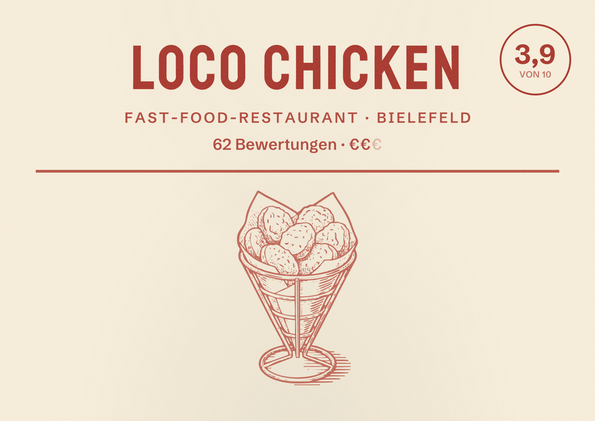 Illustriertes Poster von Loco Chicken, Fast-Food-Restaurant in Bielefeld: Bewertung 3,9 von 10 aus 62 Bewertungen, Preisniveau €€