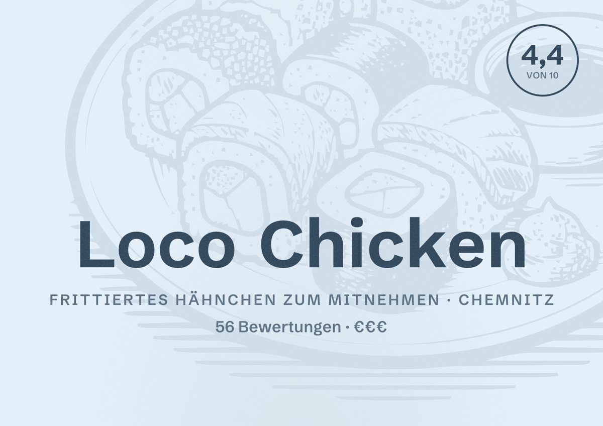 Illustriertes Poster von Loco Chicken, Frittiertes Hähnchen zum Mitnehmen in Chemnitz: Bewertung 4,4 von 10 aus 56 Bewertungen, Preisniveau €€€