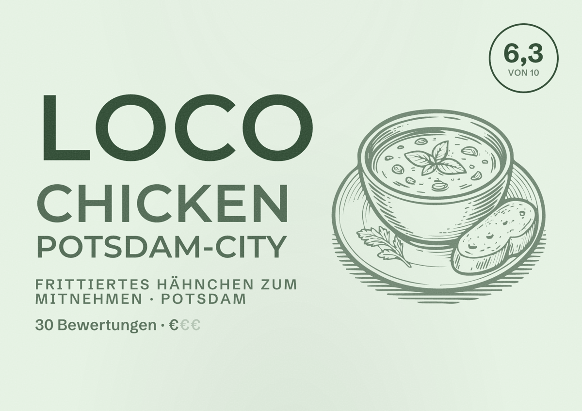 Illustriertes Poster von Loco Chicken Potsdam-City, Frittiertes Hähnchen zum Mitnehmen in Potsdam: Bewertung 6,3 von 10 aus 30 Bewertungen, Preisniveau €