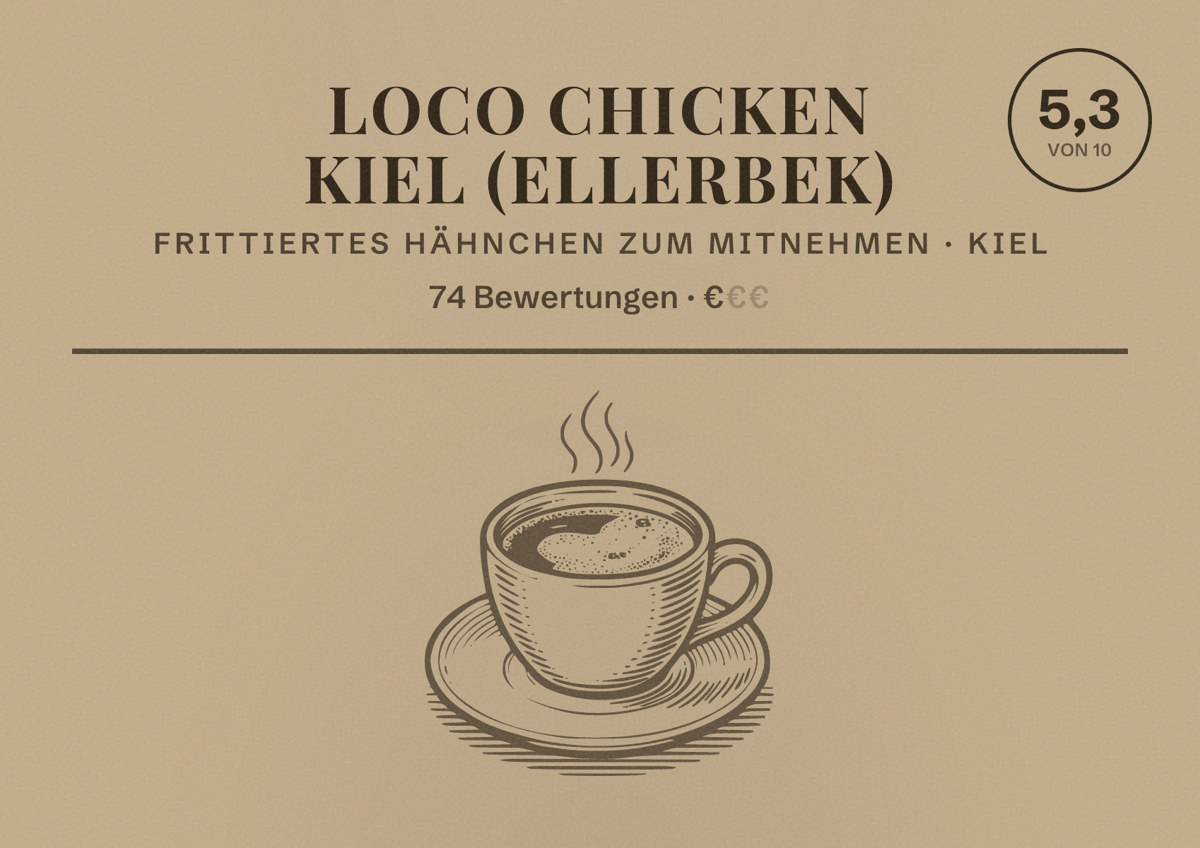 Illustriertes Poster von Loco Chicken Kiel (Ellerbek), Frittiertes Hähnchen zum Mitnehmen in Kiel: Bewertung 5,3 von 10 aus 74 Bewertungen, Preisniveau €