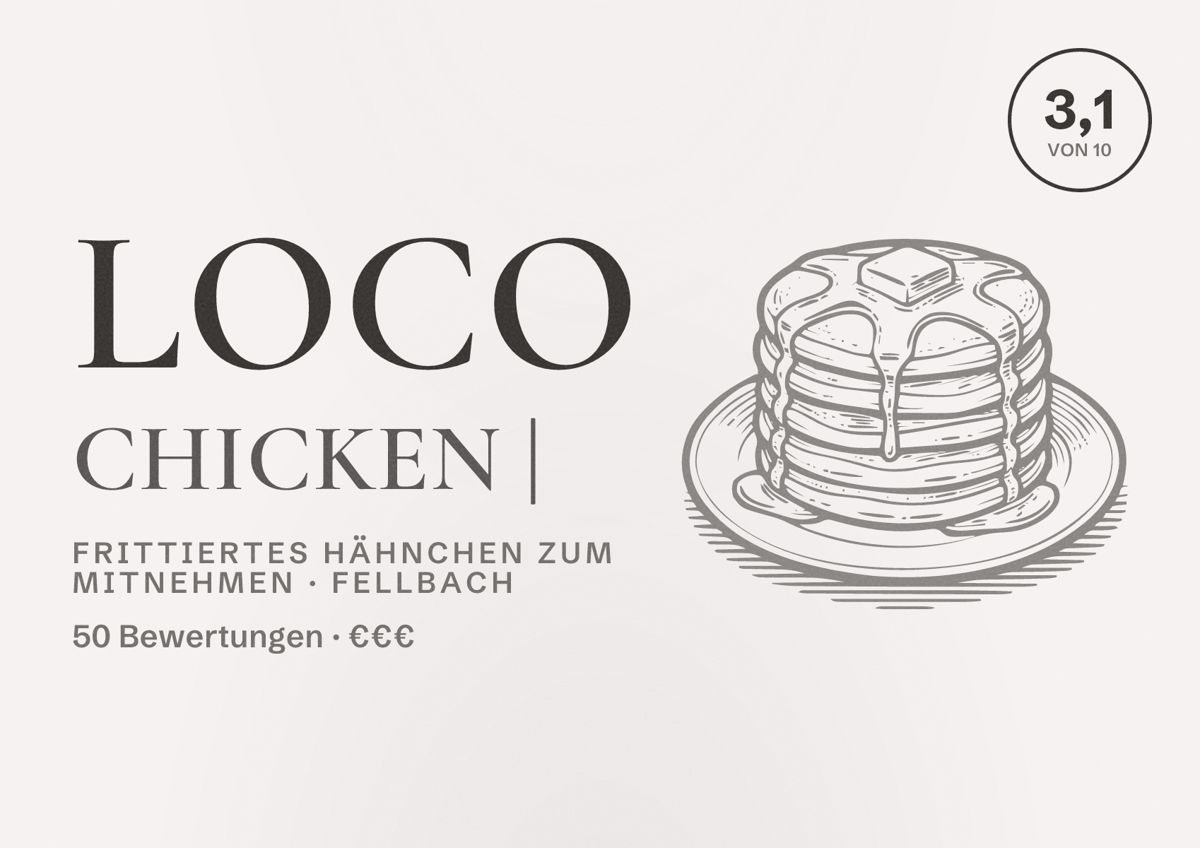 Illustriertes Poster von Loco Chicken |, Frittiertes Hähnchen zum Mitnehmen in Fellbach: Bewertung 3,1 von 10 aus 50 Bewertungen, Preisniveau €€€
