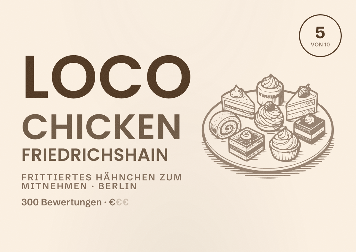 Illustriertes Poster von Loco Chicken Friedrichshain, Frittiertes Hähnchen zum Mitnehmen in Berlin: Bewertung 5,0 von 10 aus 300 Bewertungen, Preisniveau €