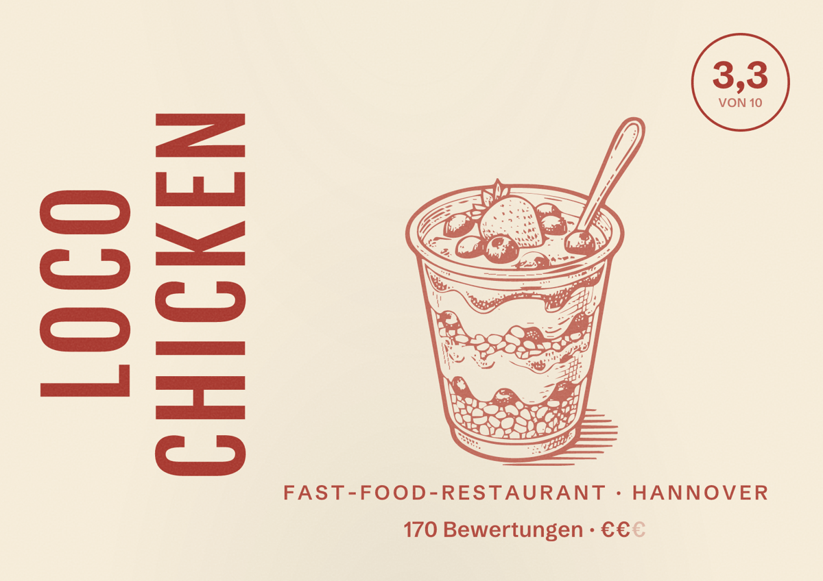 Illustriertes Poster von Loco Chicken, Fast-Food-Restaurant in Hannover: Bewertung 3,3 von 10 aus 170 Bewertungen, Preisniveau €€