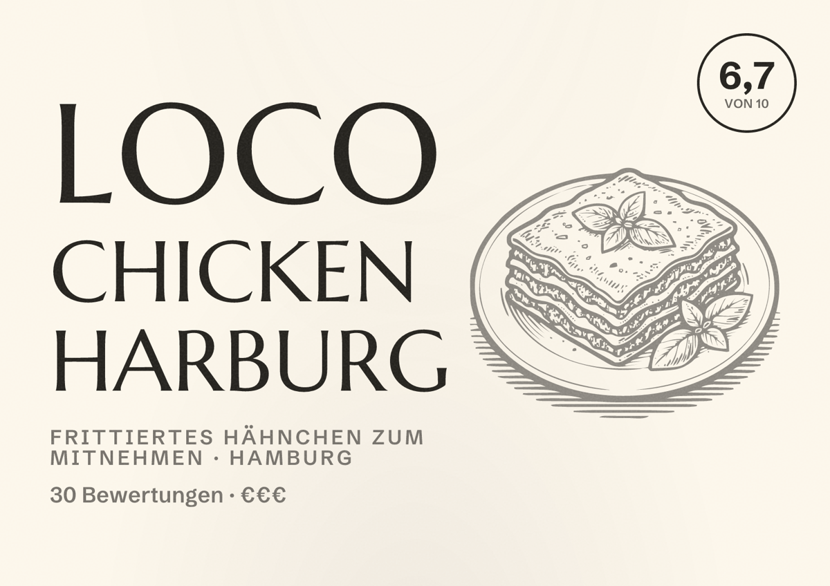 Illustriertes Poster von Loco Chicken Harburg, Frittiertes Hähnchen zum Mitnehmen in Hamburg: Bewertung 6,7 von 10 aus 30 Bewertungen, Preisniveau €€€