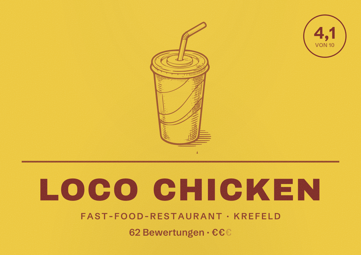 Illustriertes Poster von Loco Chicken, Fast-Food-Restaurant in Krefeld: Bewertung 4,1 von 10 aus 62 Bewertungen, Preisniveau €€