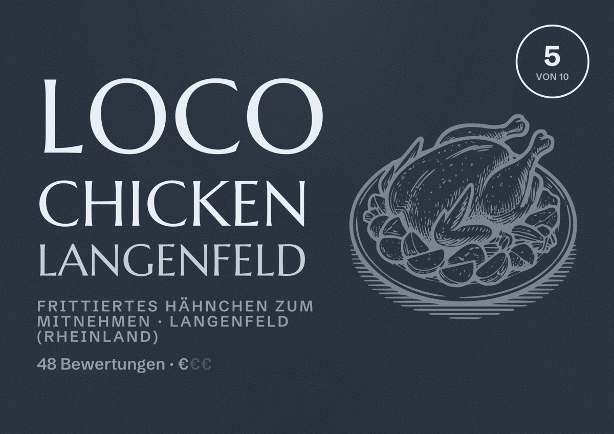 Illustriertes Poster von Loco Chicken Langenfeld, Frittiertes Hähnchen zum Mitnehmen in Langenfeld (Rheinland): Bewertung 5 von 10 aus 48 Bewertungen, Preisniveau €
