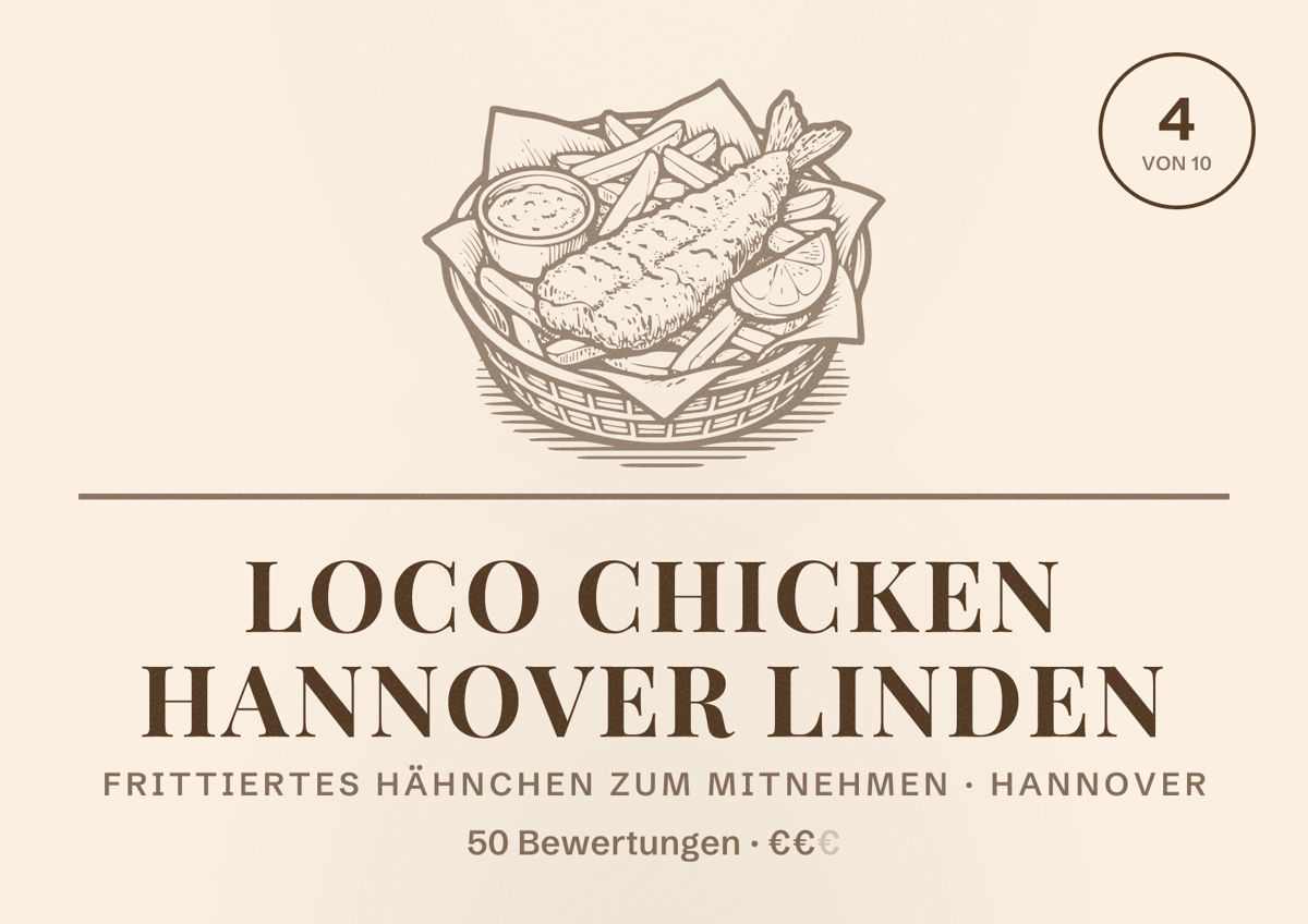 Illustriertes Poster von Loco Chicken Hannover Linden, Frittiertes Hähnchen zum Mitnehmen in Hannover: Bewertung 4 von 10 aus 50 Bewertungen, Preisniveau €€
