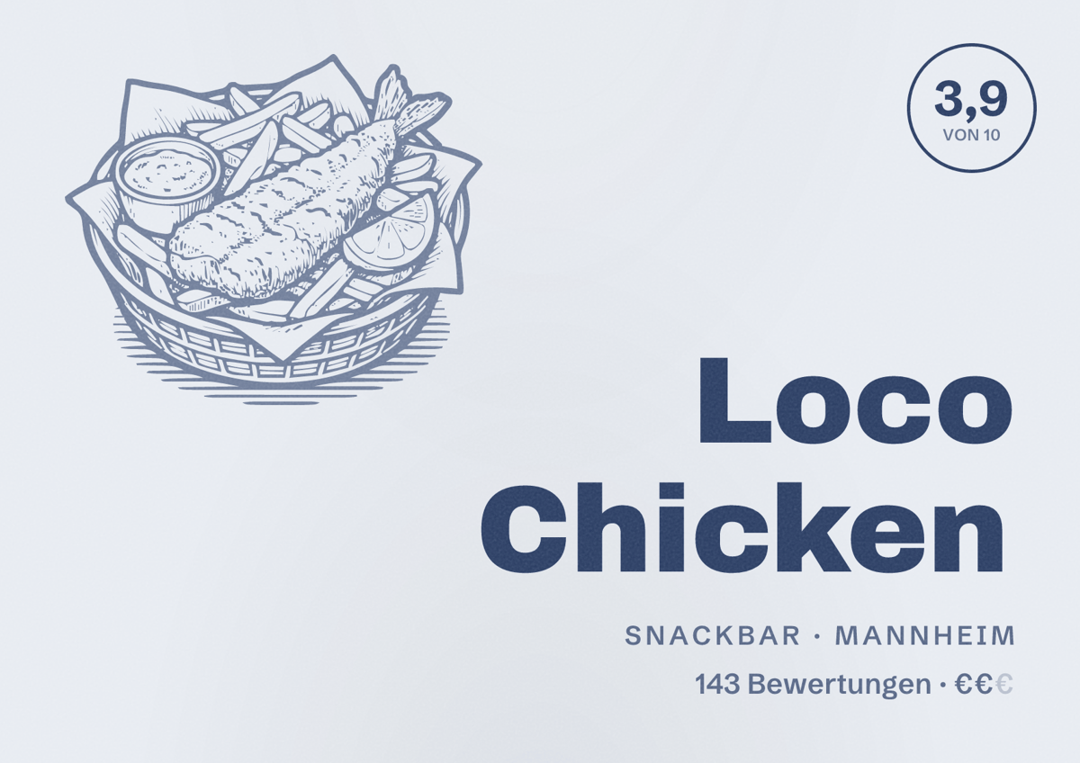 Illustriertes Poster von Loco Chicken, Snackbar in Mannheim: Bewertung 3,9 von 10 aus 143 Bewertungen, Preisniveau €€