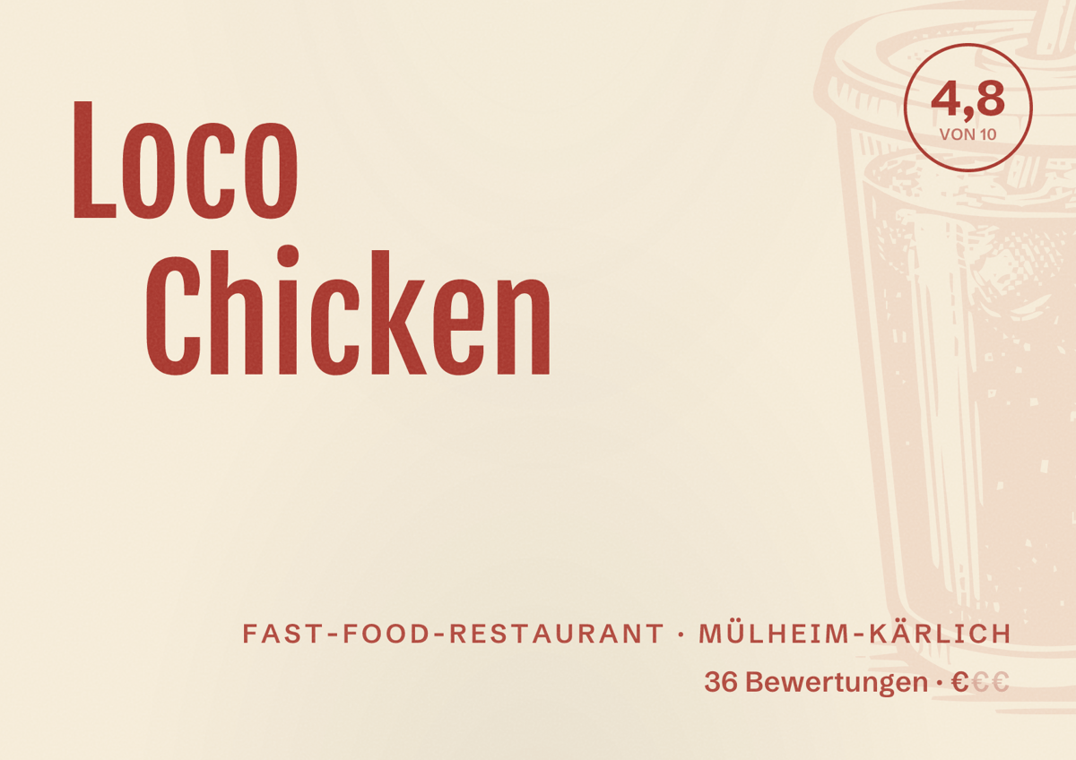 Illustriertes Poster von Loco Chicken, Fast-Food-Restaurant in Mülheim-Kärlich: Bewertung 4,8 von 10 aus 36 Bewertungen, Preisniveau €
