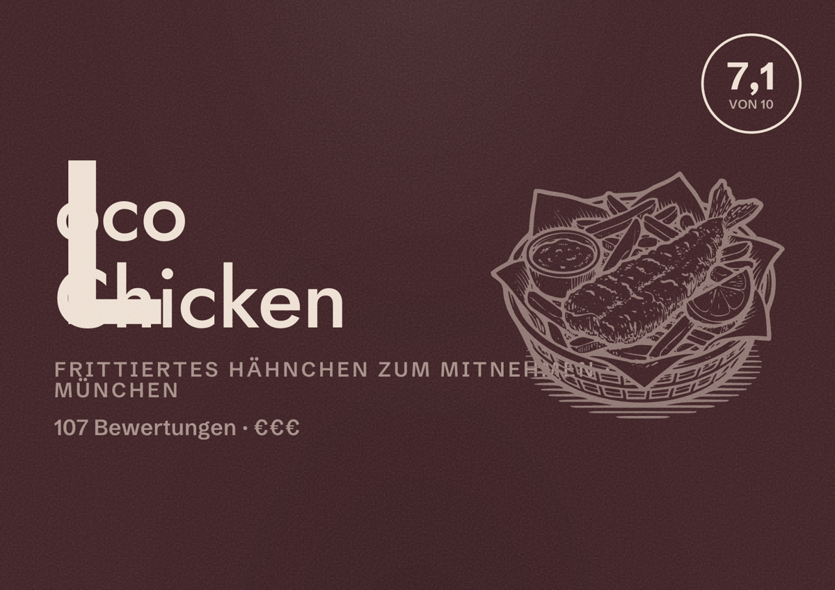 Illustriertes Poster von Loco Chicken, Frittiertes Hähnchen zum Mitnehmen in München: Bewertung 7,1 von 10 aus 107 Bewertungen, Preisniveau €€€