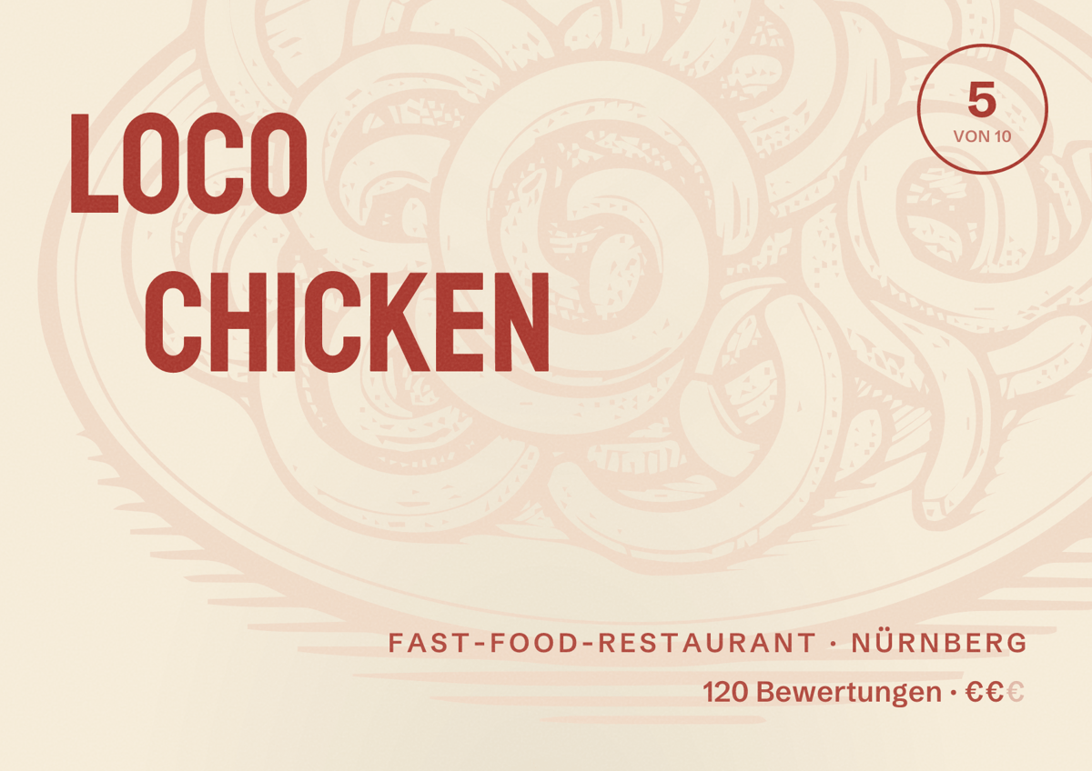 Illustriertes Poster von Loco Chicken, Fast-Food-Restaurant in Nürnberg: Bewertung 5,0 von 10 aus 120 Bewertungen, Preisniveau €€