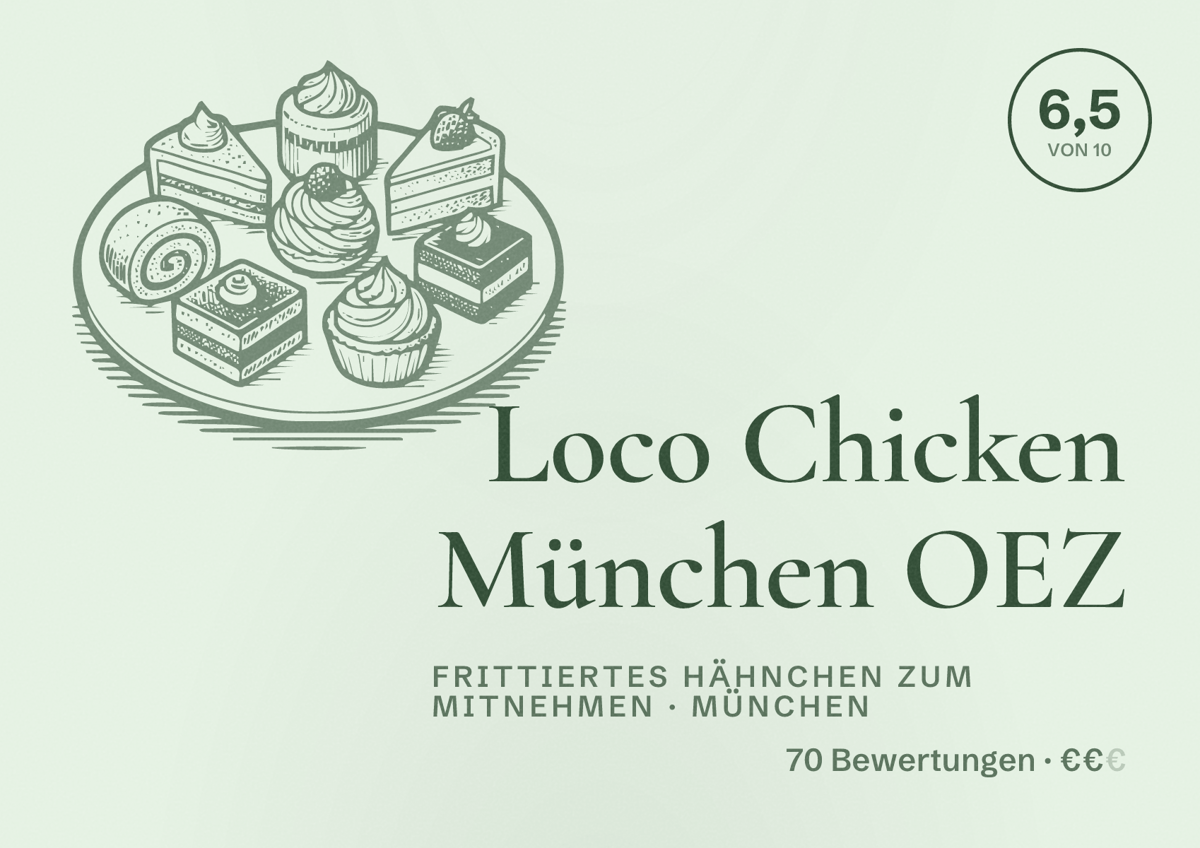 Illustriertes Poster von Loco Chicken München OEZ, Frittiertes Hähnchen zum Mitnehmen in München: Bewertung 6,5 von 10 aus 70 Bewertungen, Preisniveau €€