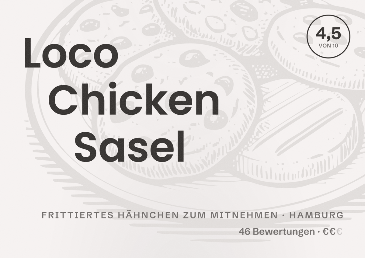 Illustriertes Poster von Loco Chicken Sasel, Frittiertes Hähnchen zum Mitnehmen in Hamburg: Bewertung 4,5 von 10 aus 46 Bewertungen, Preisniveau €€