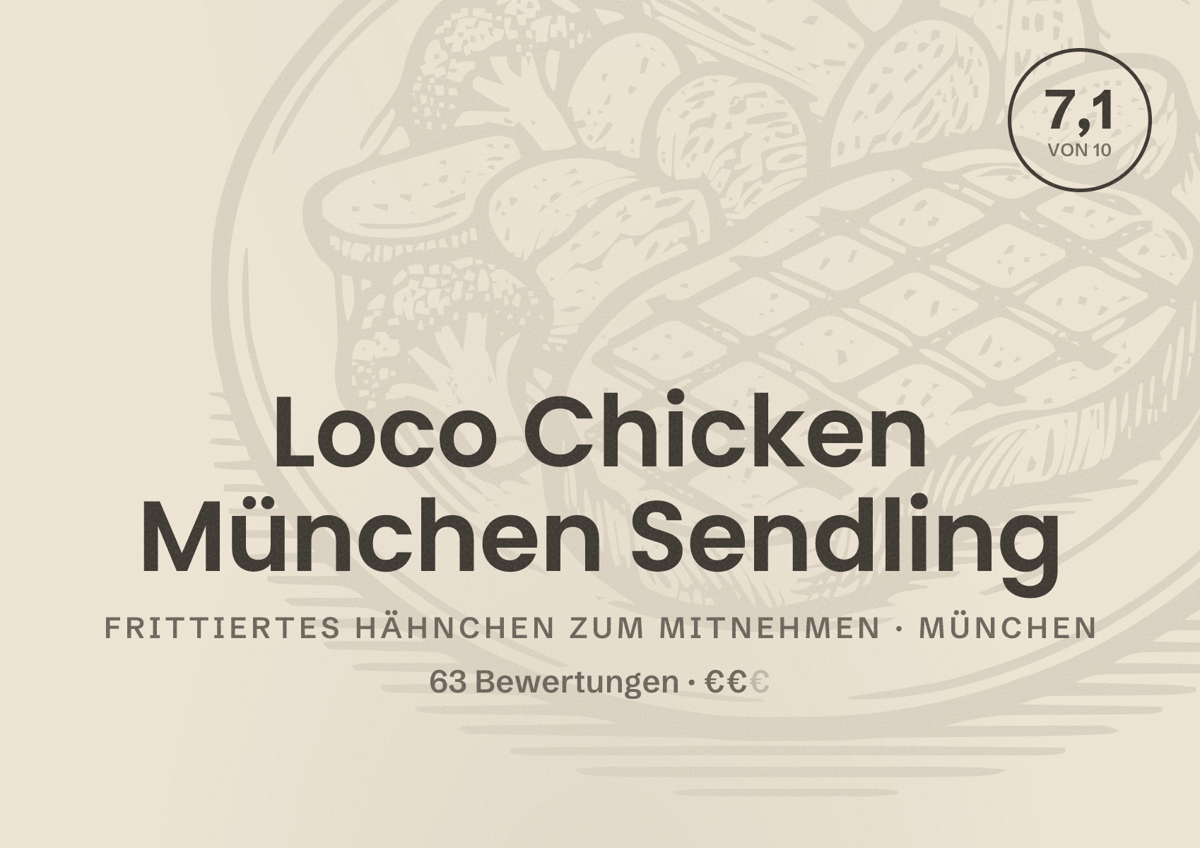 Illustriertes Poster von Loco Chicken München Sendling, Frittiertes Hähnchen zum Mitnehmen in München: Bewertung 7,1 von 10 aus 63 Bewertungen, Preisniveau €€