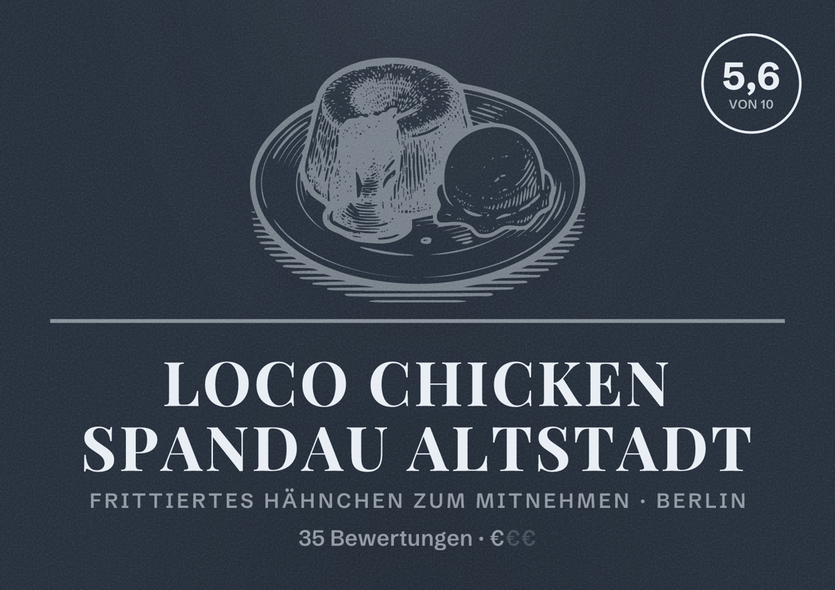 Illustriertes Poster von Loco Chicken Spandau Altstadt, Frittiertes Hähnchen zum Mitnehmen in Berlin: Bewertung 5,6 von 10 aus 35 Bewertungen, Preisniveau €