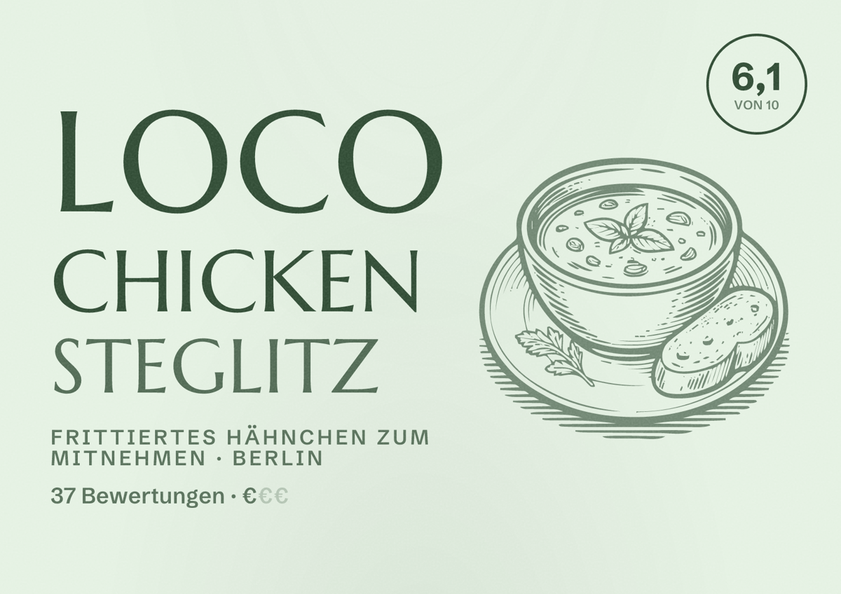 Illustriertes Poster von Loco Chicken Steglitz, Frittiertes Hähnchen zum Mitnehmen in Berlin: Bewertung 6,1 von 10 aus 37 Bewertungen, Preisniveau €