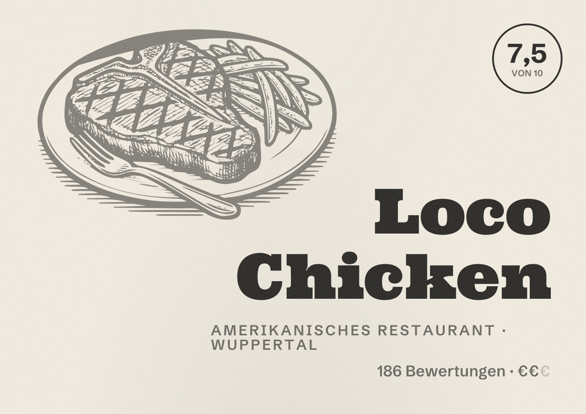 Illustriertes Poster von Loco Chicken, Amerikanisches Restaurant in Wuppertal: Bewertung 7,5 von 10 aus 186 Bewertungen, Preisniveau €€