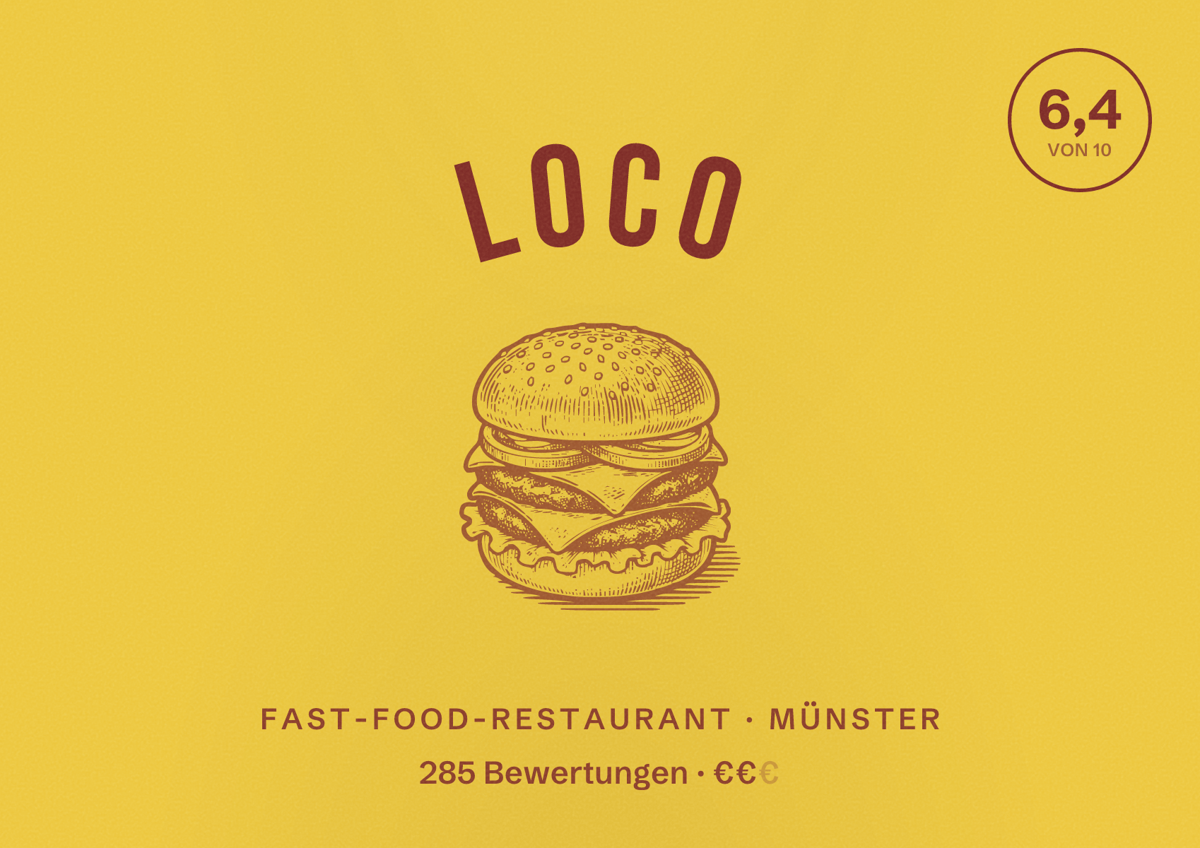 Illustriertes Poster von LoCo, Fast-Food-Restaurant in Münster: Bewertung 6,4 von 10 aus 285 Bewertungen, Preisniveau €€
