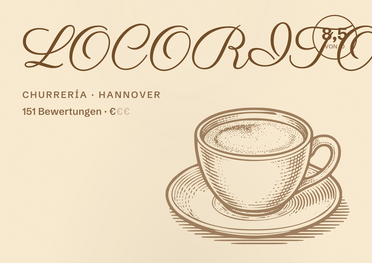 Illustriertes Poster von LOCORITOS, Churrería in Hannover: Bewertung 8,5 von 10 aus 151 Bewertungen, Preisniveau €