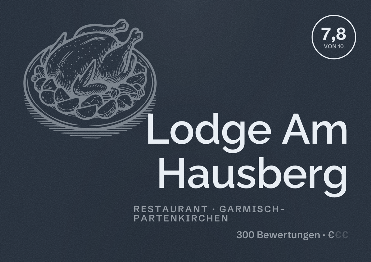 Illustriertes Poster von Lodge Am Hausberg, Restaurant in Garmisch-Partenkirchen: Bewertung 7,8 von 10 aus 300 Bewertungen, Preisniveau €