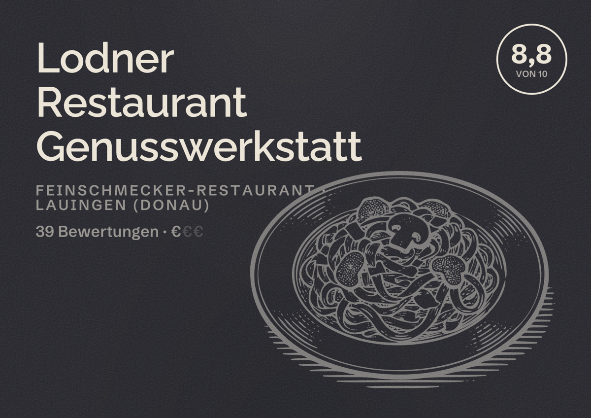 Illustriertes Poster von Lodner Restaurant Genusswerkstatt, Feinschmecker-Restaurant in Lauingen (Donau): Bewertung 8,8 von 10 aus 39 Bewertungen, Preisniveau €