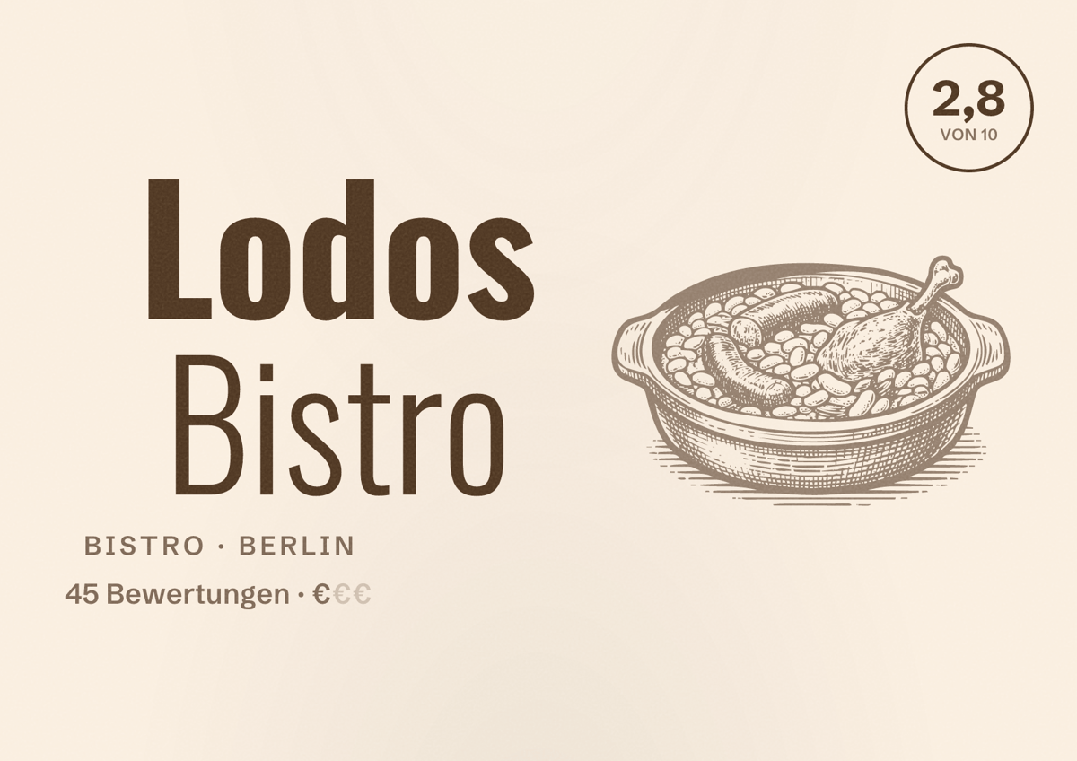 Illustriertes Poster von Lodos Bistro, Bistro in Berlin: Bewertung 2,8 von 10 aus 45 Bewertungen, Preisniveau €