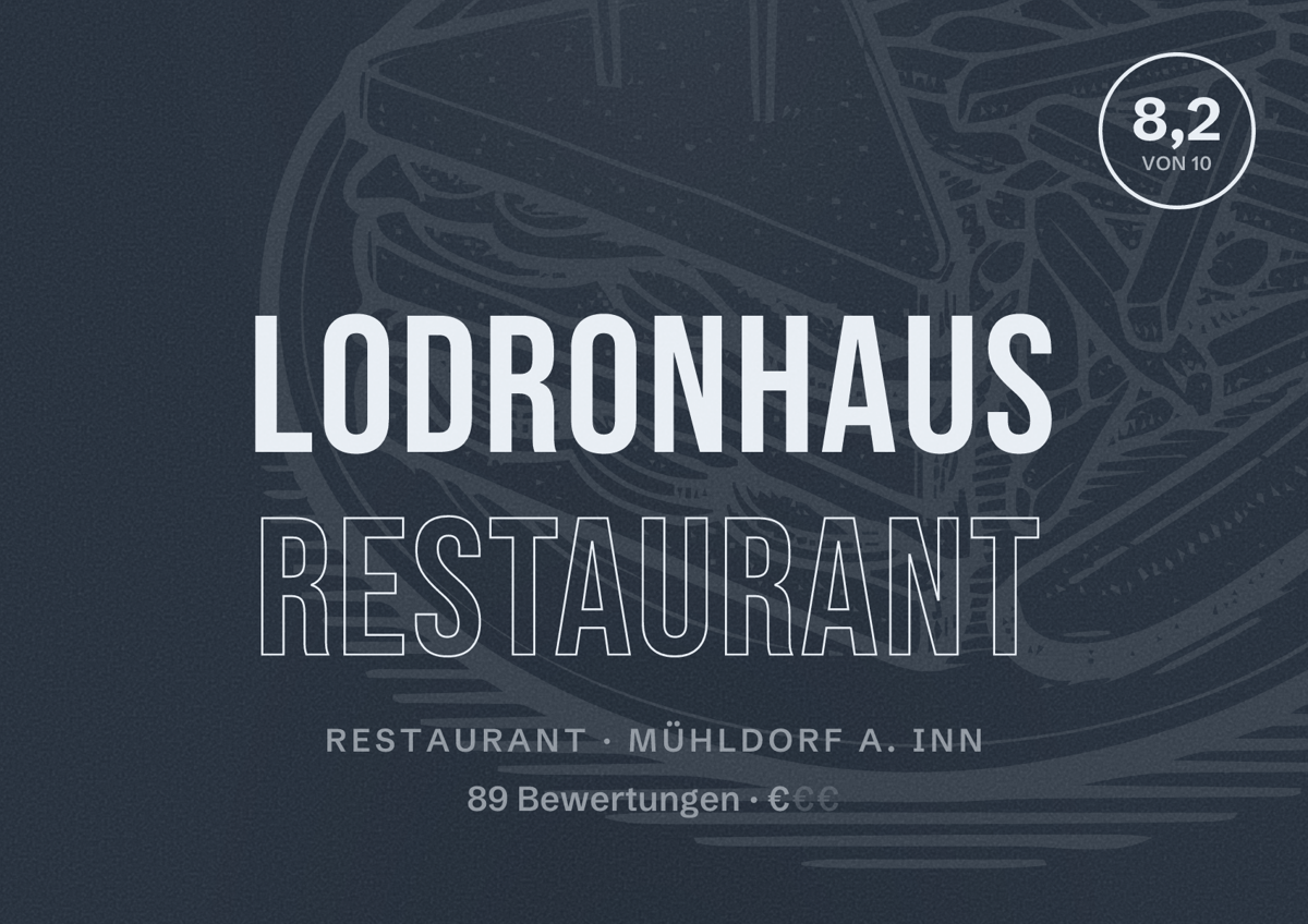Illustriertes Poster von Lodronhaus Restaurant, Restaurant in Mühldorf a. Inn: Bewertung 8,2 von 10 aus 89 Bewertungen, Preisniveau €