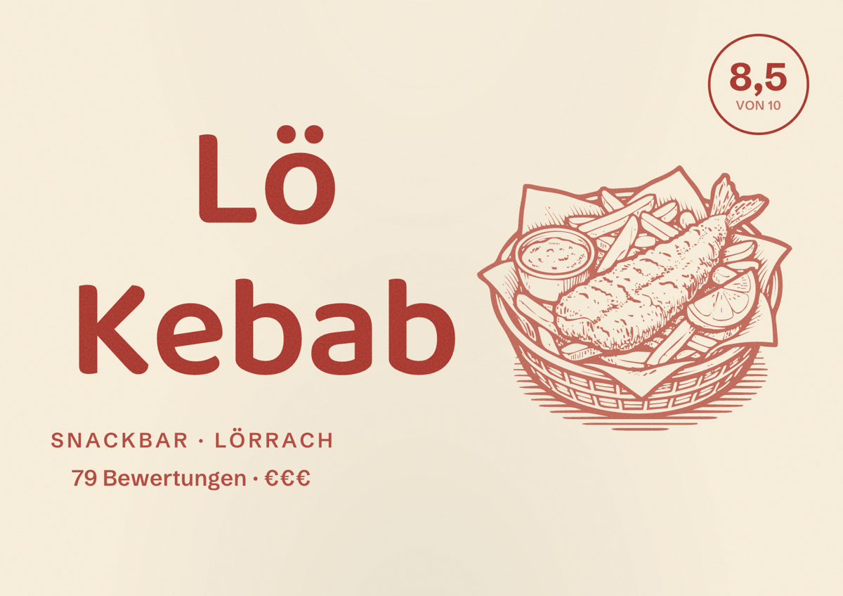 Illustriertes Poster von Lö Kebab, Snackbar in Lörrach: Bewertung 8,5 von 10 aus 79 Bewertungen, Preisniveau €€€